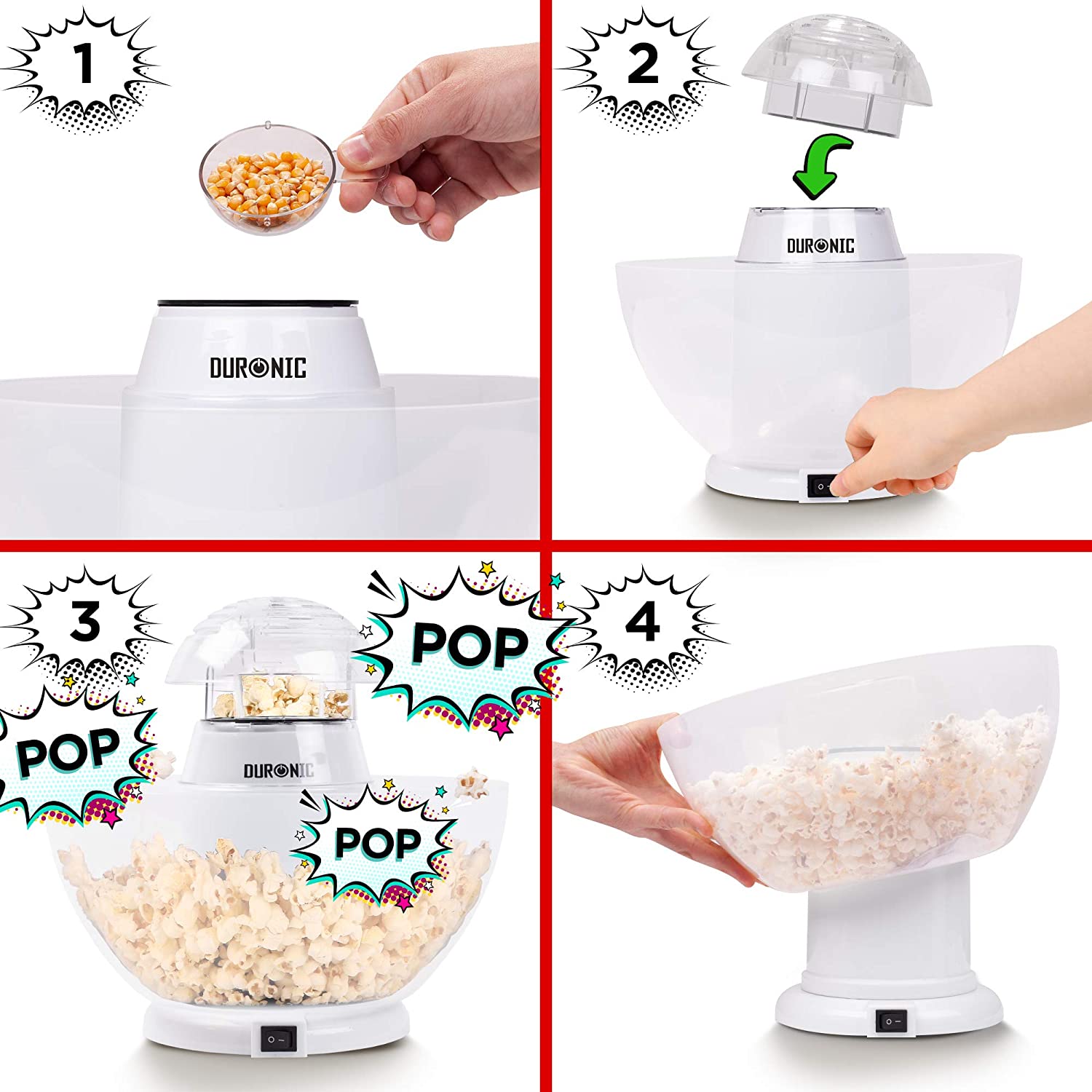 Duronic POP50 WE Macchina per Popcorn ad aria calda bianca  Capacità di 50 g con ciotola rimovibile  Senza grassi o oli  Pop-corn senza olio  Basso contenuto calorico