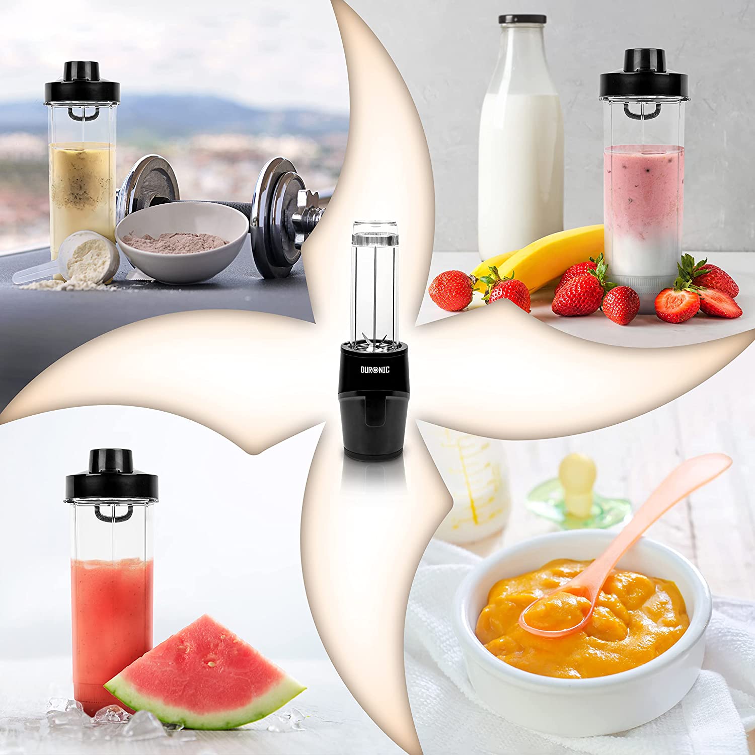Duronic BL510 Mini frullatore elettrico 500W, Frullatore portatile con borraccia da 570ml senza BPA, Blender compatto portatil. Frullatore per smoothie, cocktail, cibo per bebe, frullati