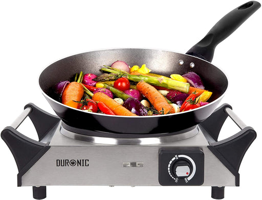 Duronic HP1 SS Fornello elettrico 1500W | 1 Piastra elettriche in ghisa con manici per il trasporto e Temperatura regolabile | Piano cottura 1 fuoco ideale per campeggio esterno o interni | Argento