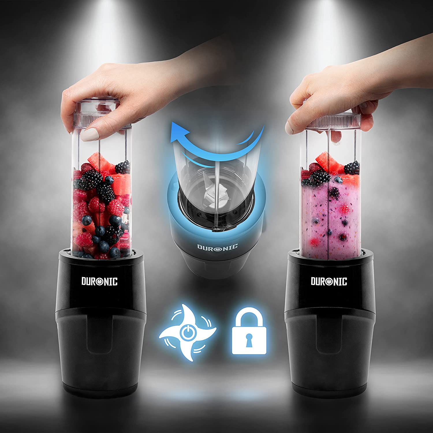 Duronic BL510 Mini frullatore elettrico 500W, Frullatore portatile con borraccia da 570ml senza BPA, Blender compatto portatil. Frullatore per smoothie, cocktail, cibo per bebe, frullati