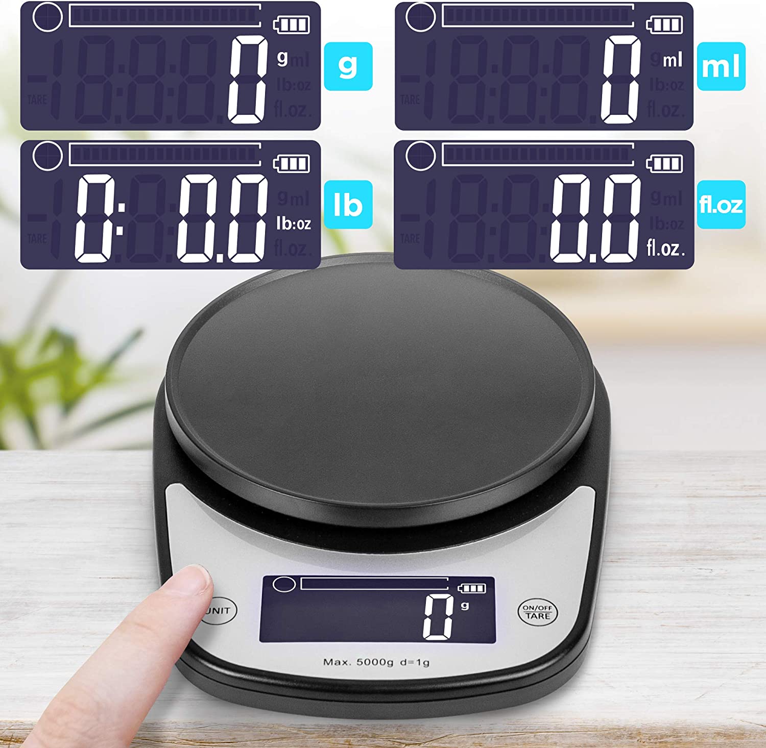 Duronic KS5000 BK/SS Bilancia da cucina digitale | Portata da 1g a 5kg | Ciotola in acciaio INOX 2,5L | Grande display retroilluminato | Funzione Tara | Bilancia ad alta precisione nera