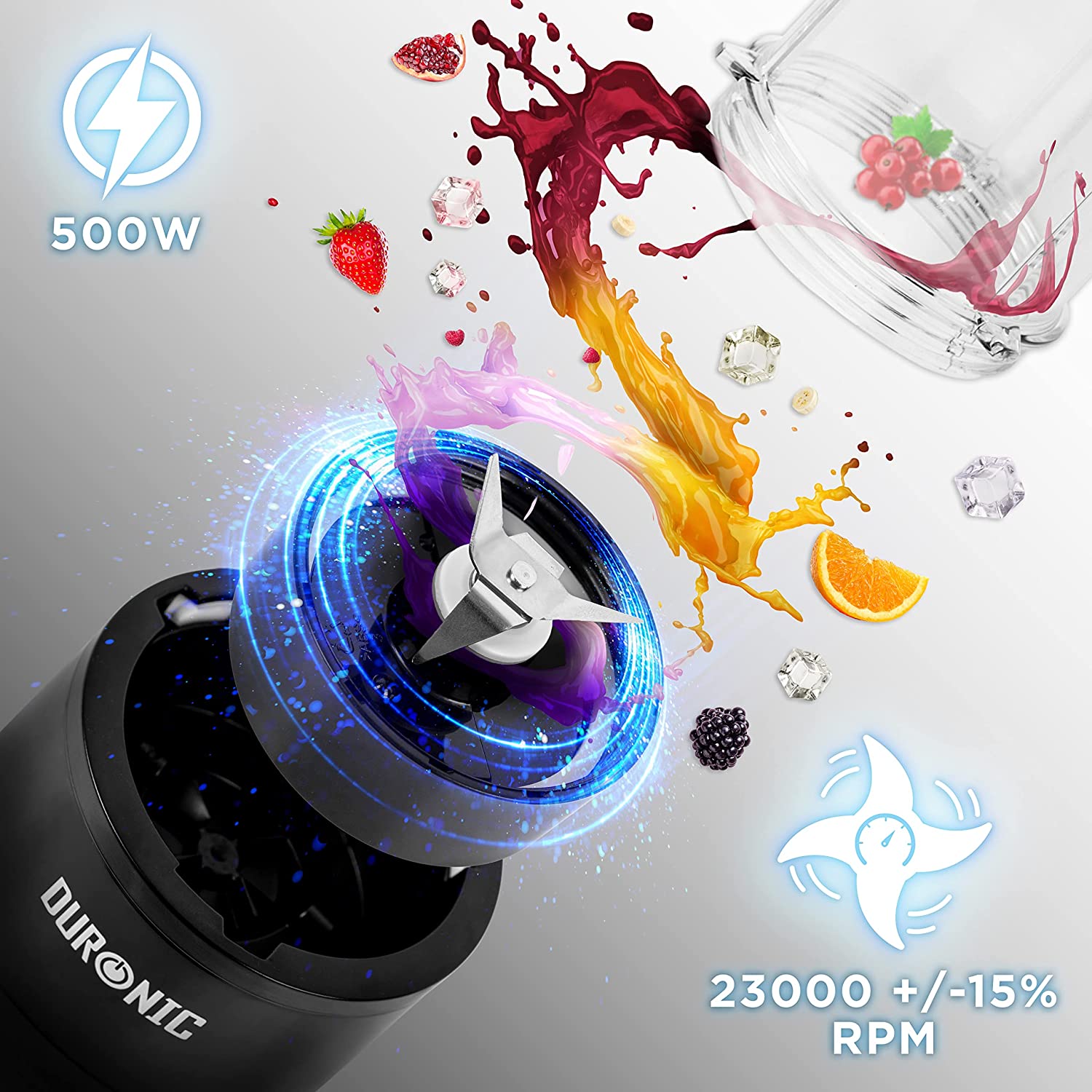 Duronic BL510 Mini frullatore elettrico 500W, Frullatore portatile con borraccia da 570ml senza BPA, Blender compatto portatil. Frullatore per smoothie, cocktail, cibo per bebe, frullati