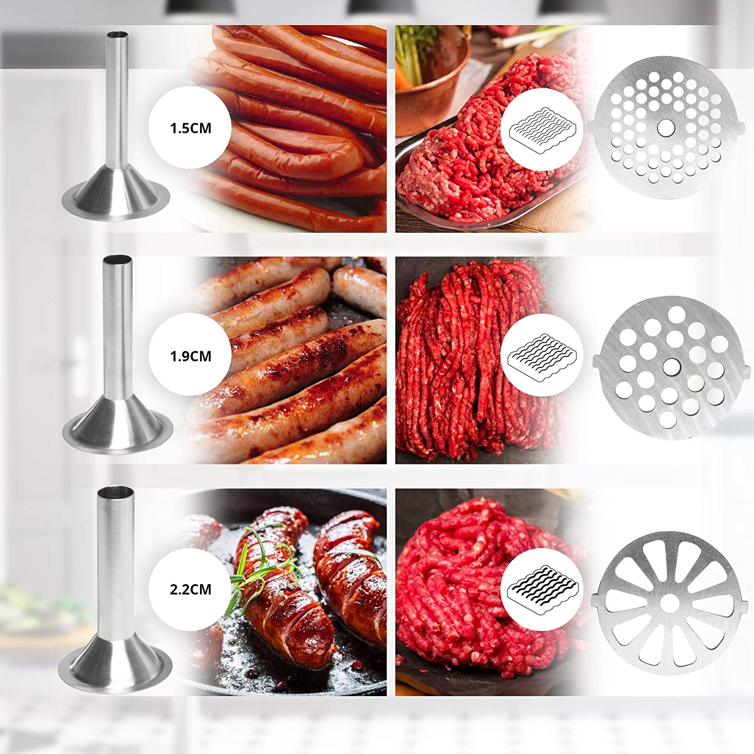 Duronic MG301 Tritacarne in acciaio inossidabile 3000 W  Accessori per salsicce, 3 dischi di macinazione, kibbe  Ideale per creare piatti a base di carne o verdure (hamburger vegani)