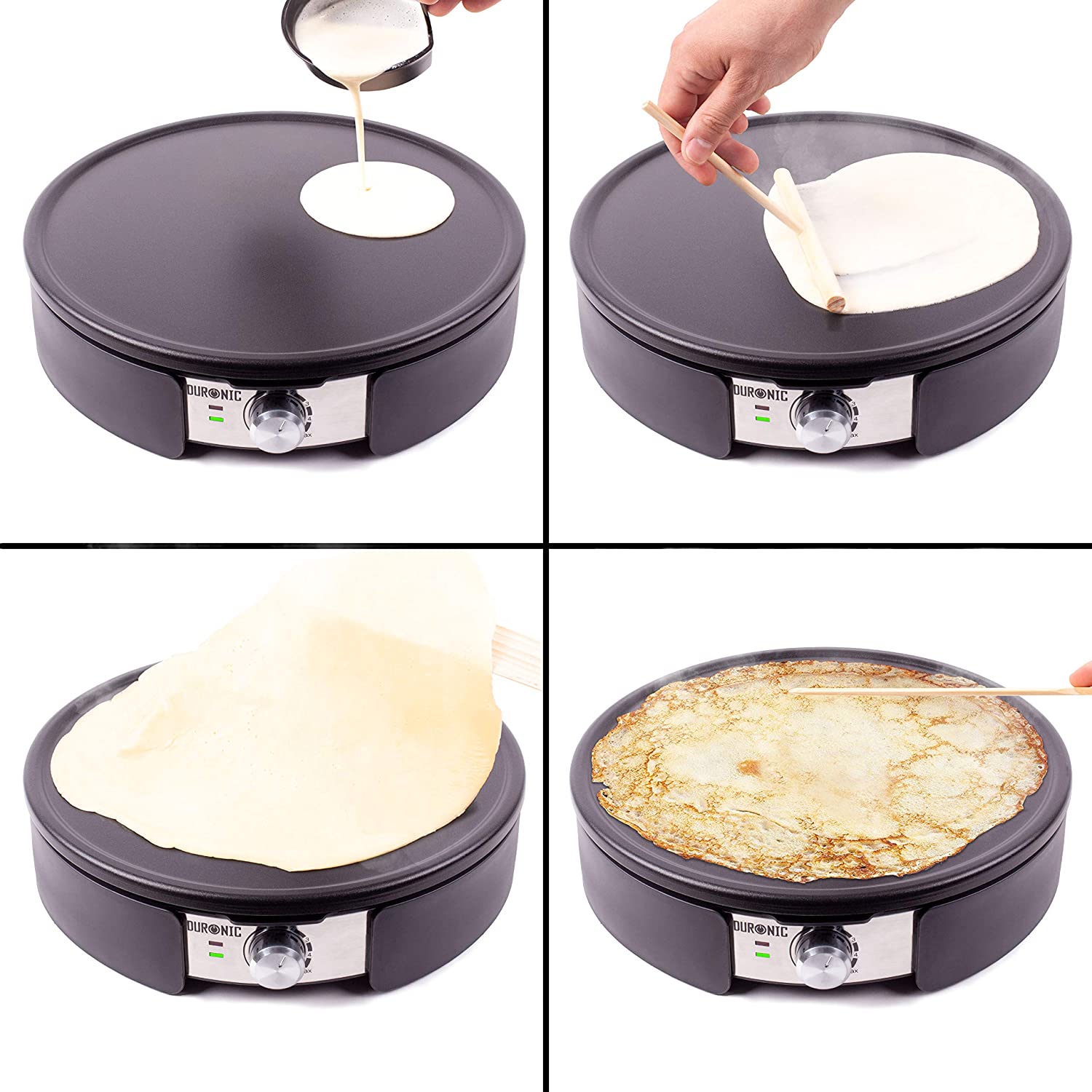 Duronic PM152 Crepiera elettrica 1500W - Piastra antiaderente XXL rimovibile da 37 cm - Temperatura regolabile - Crepes maker - Spatola e stendi pastella - Per pancake, crepes, piadine, frittate