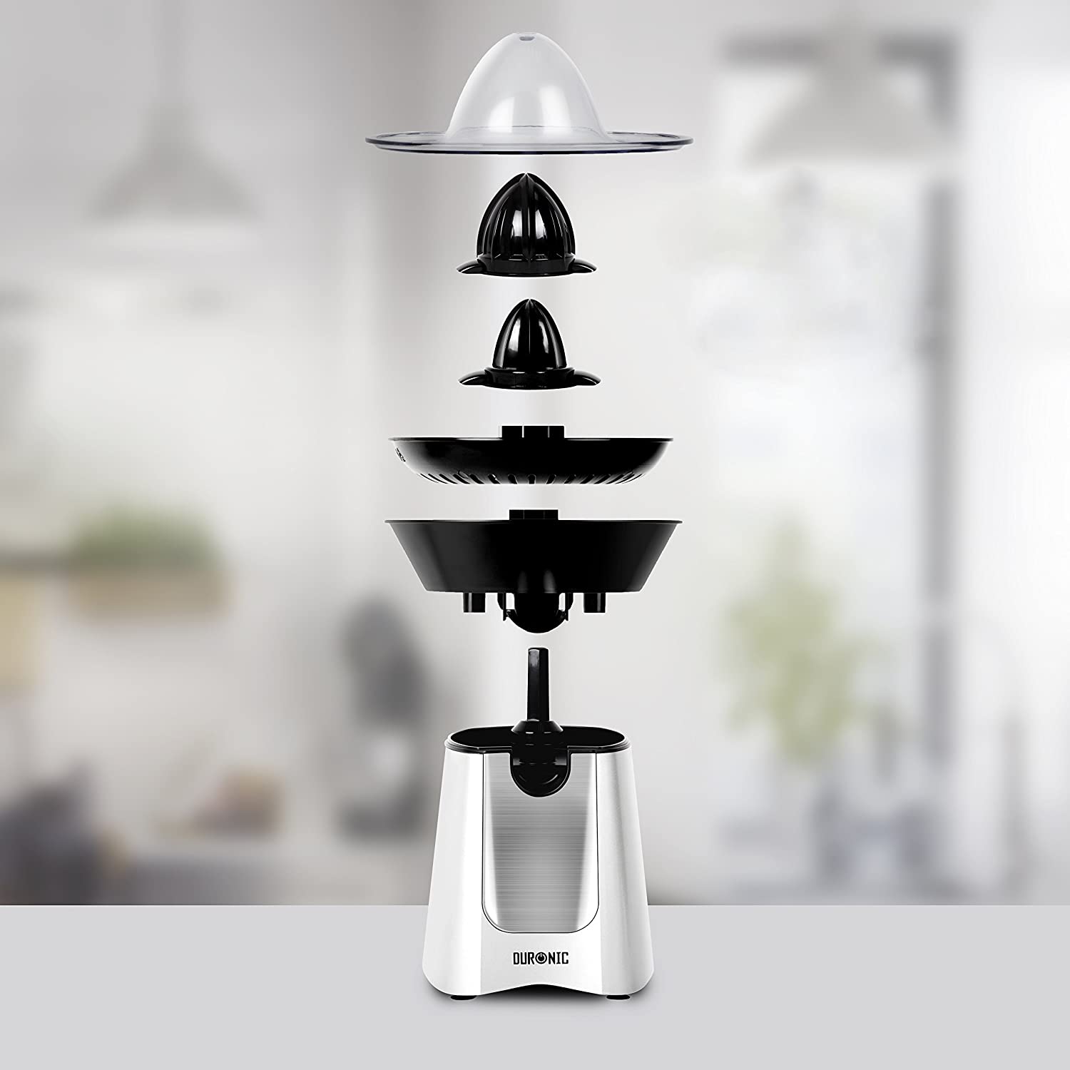 Duronic JE6 SR Spremiagrumi elettrico 100W, Estrattore in acciaio inox, Spremiagrumi automatico con filtro, Spremitore con 2 coni, per succo di arancia limone lime pompelmo, Beccuccio anti-goccia