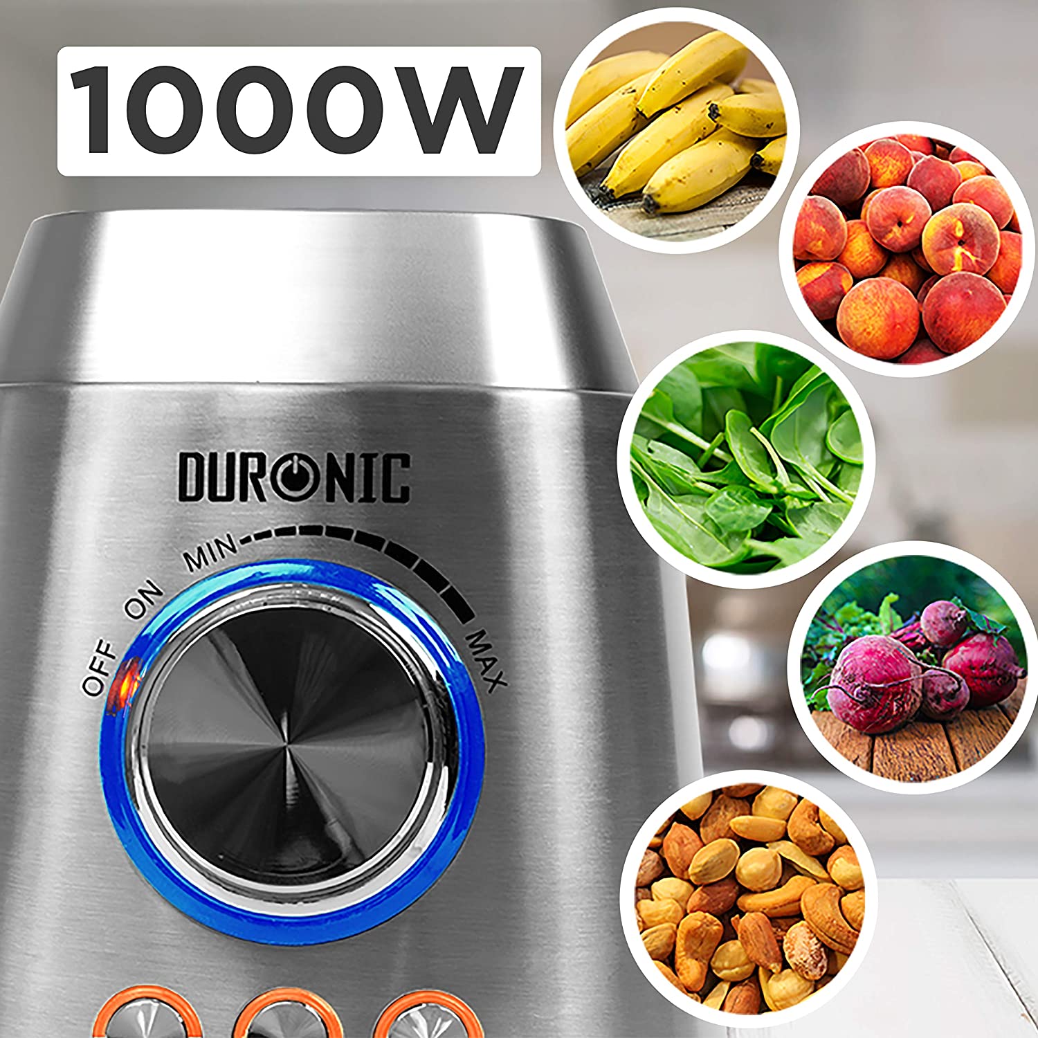 Duronic BL102 Frullatore elettrico 1000W con caraffa in vetro 1,5L e 4 lame | 3 Funzioni e velocità variabile | Blender con funzione tritaghiaccio | Mixer Smoothie Frullati Granite Cocktail Gaspachos