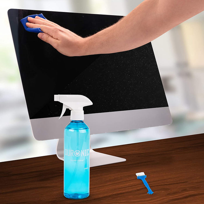 Duronic SCK103 - kit di pulizia per schermi LCD, plasma, tv, monitor pc; soluzione da 500 ml con panno in microfibra e spazzola