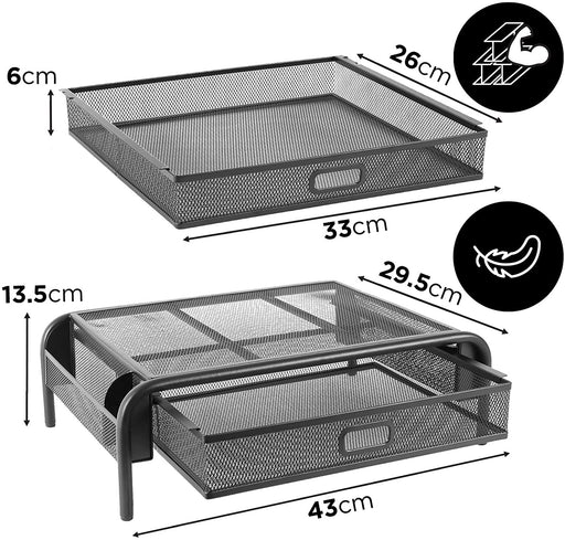 Duronic DM072 Supporto monitor con cassetto | Supporto da tavolo in metallo | Capacità 10 kg | Piattaforma ergonomica per monitor, laptop e tablet con cassetto integrato | Dimensioni 33 cm x 26 cm