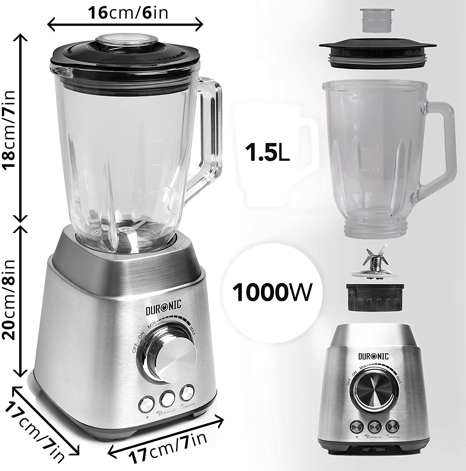 Duronic BL102 Frullatore elettrico 1000W con caraffa in vetro 1,5L e 4 lame | 3 Funzioni e velocità variabile | Blender con funzione tritaghiaccio | Mixer Smoothie Frullati Granite Cocktail Gaspachos