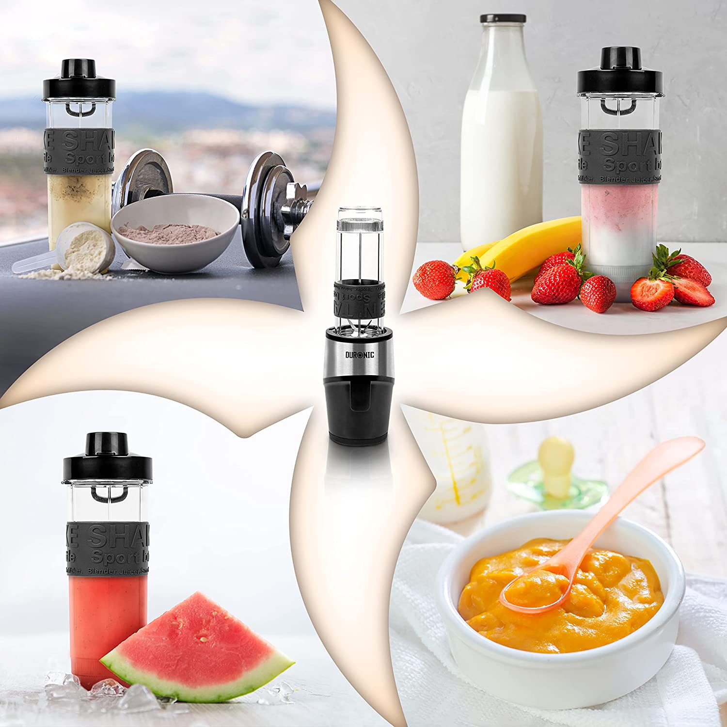 Duronic BL520 Frullatore elettrico 500W | Mini Frullatore con 2 borracce da 570ml e 400ml senza BPA | Mini blender compatto portatile | Frullatore per smoothies, cocktail, cibo per bebé, frullati