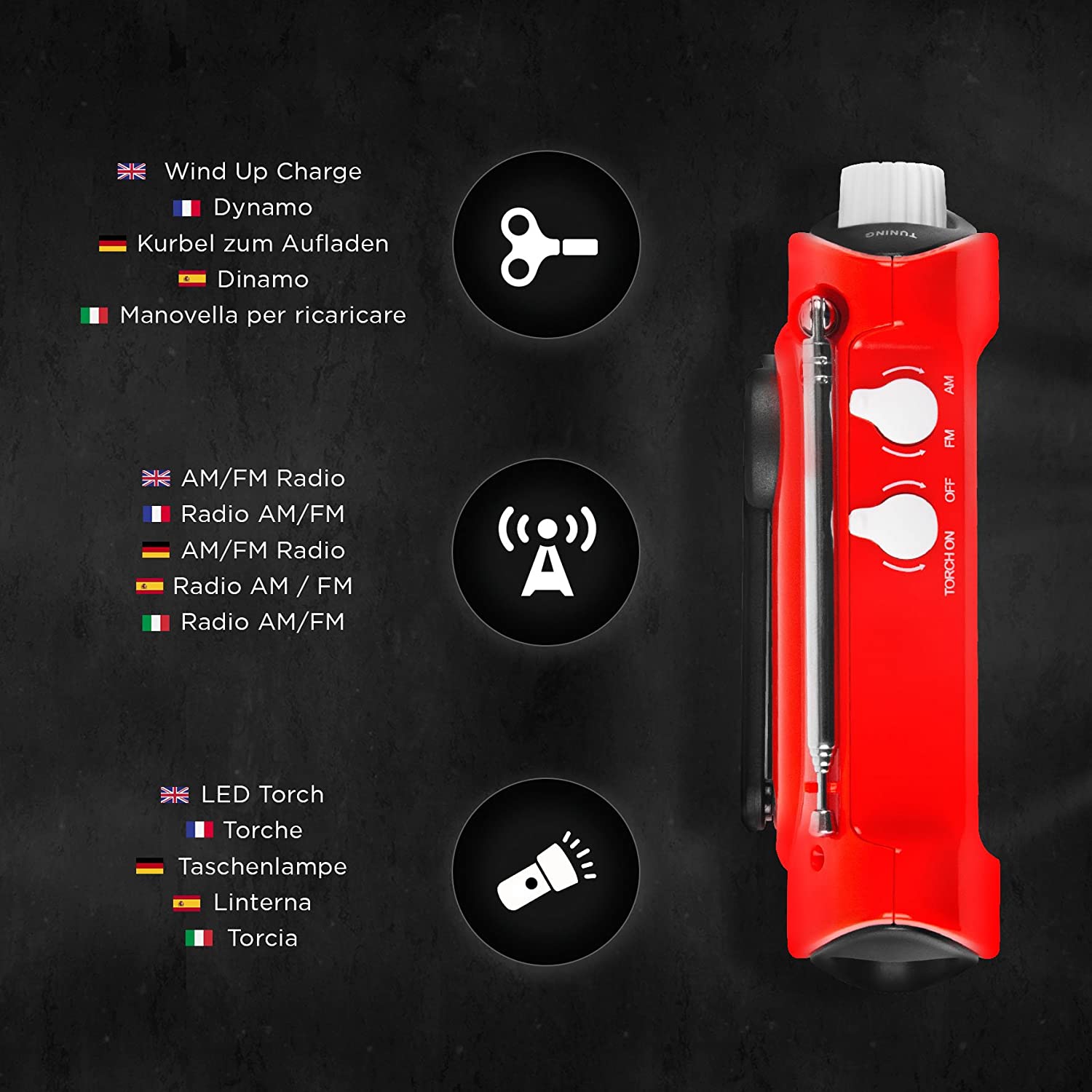Duronic Ecohand Radio AM/FM - ricarica USB o dinamo – torcia - jack per cuffie – portatile – ideale per emergenze, escursioni, campeggio o pesca