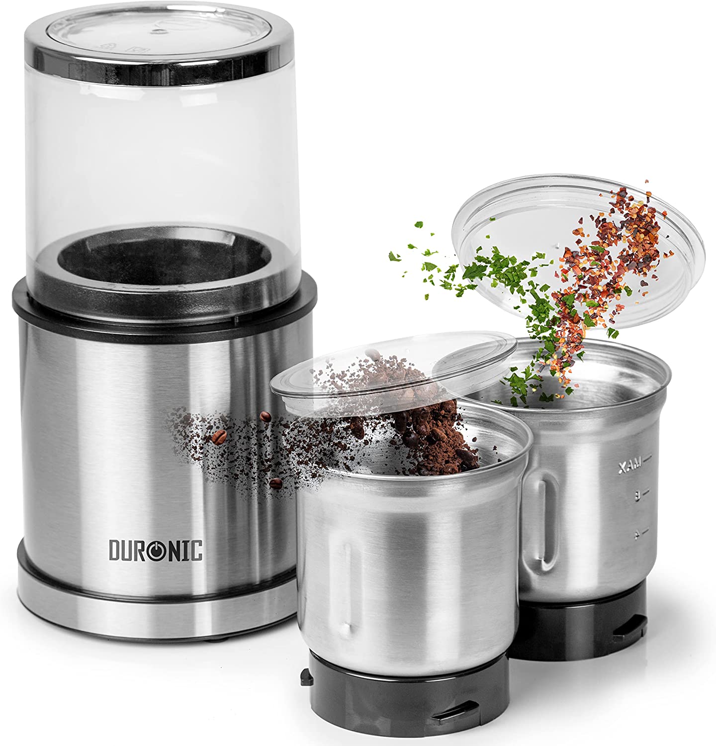 Duronic CG421 Macinacaffè Elettrico 200W 2 in 1 | 2 contenitori rimovibili 75g o 220 ml | 2 Lame per ingredienti umidi o secchi | Facile da pulire | Mini tritatutto | Macina caffè Spezie Frutta secca