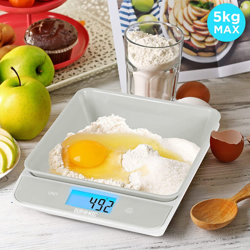 Duronic KS100 GY Bilancia da cucina - Bilancia ad alta precisione con display digitale retroilluminato - Portata 1g / 5 kg - Bilancia con ciotola integrata grigia da 1,2L - Funzione Tara