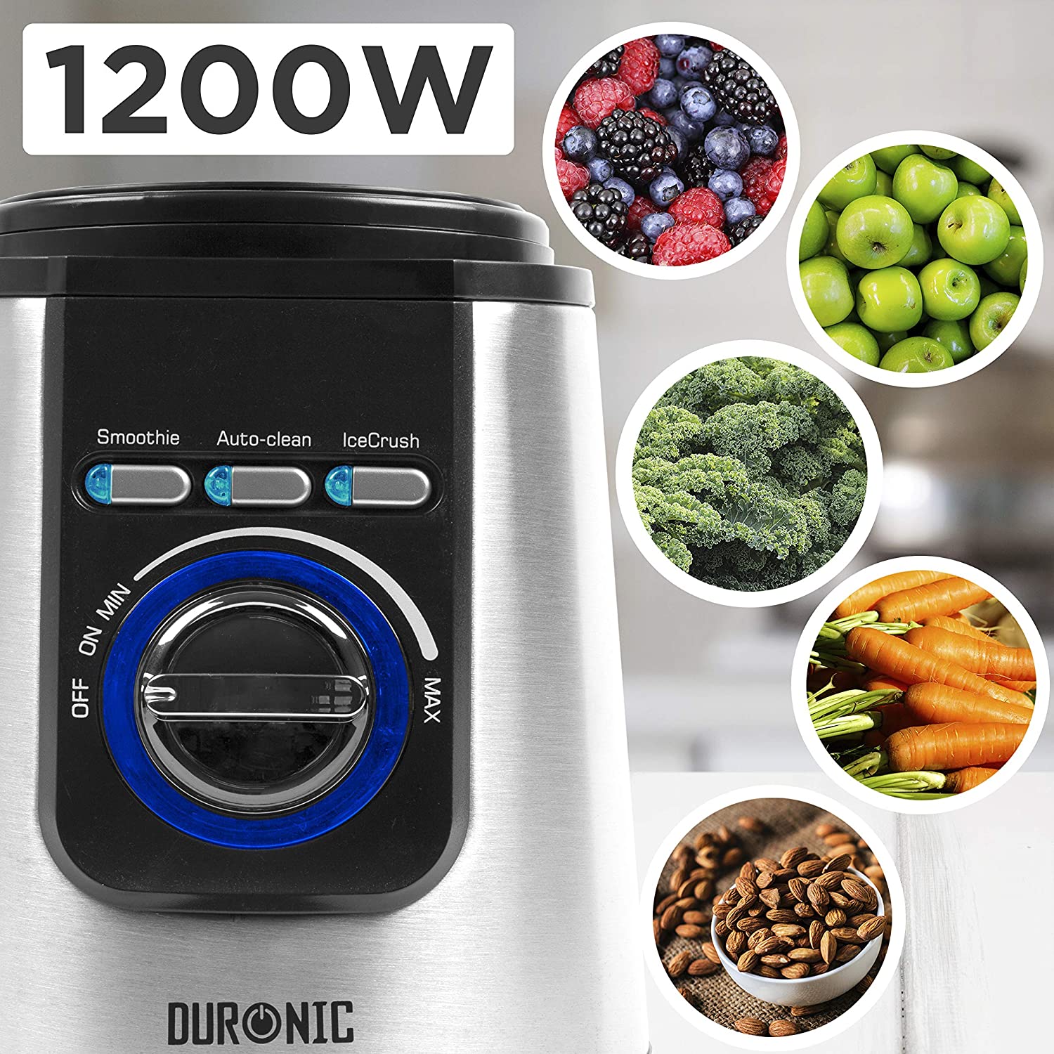 Duronic BL1200T Frullatore elettrico 1200W con caraffa in tritan 1,8L e 4 lame | 3 Funzioni e velocità variabile | Blender con funzione tritaghiaccio e auto pulizia | Mixer Smoothie Frullati Granite