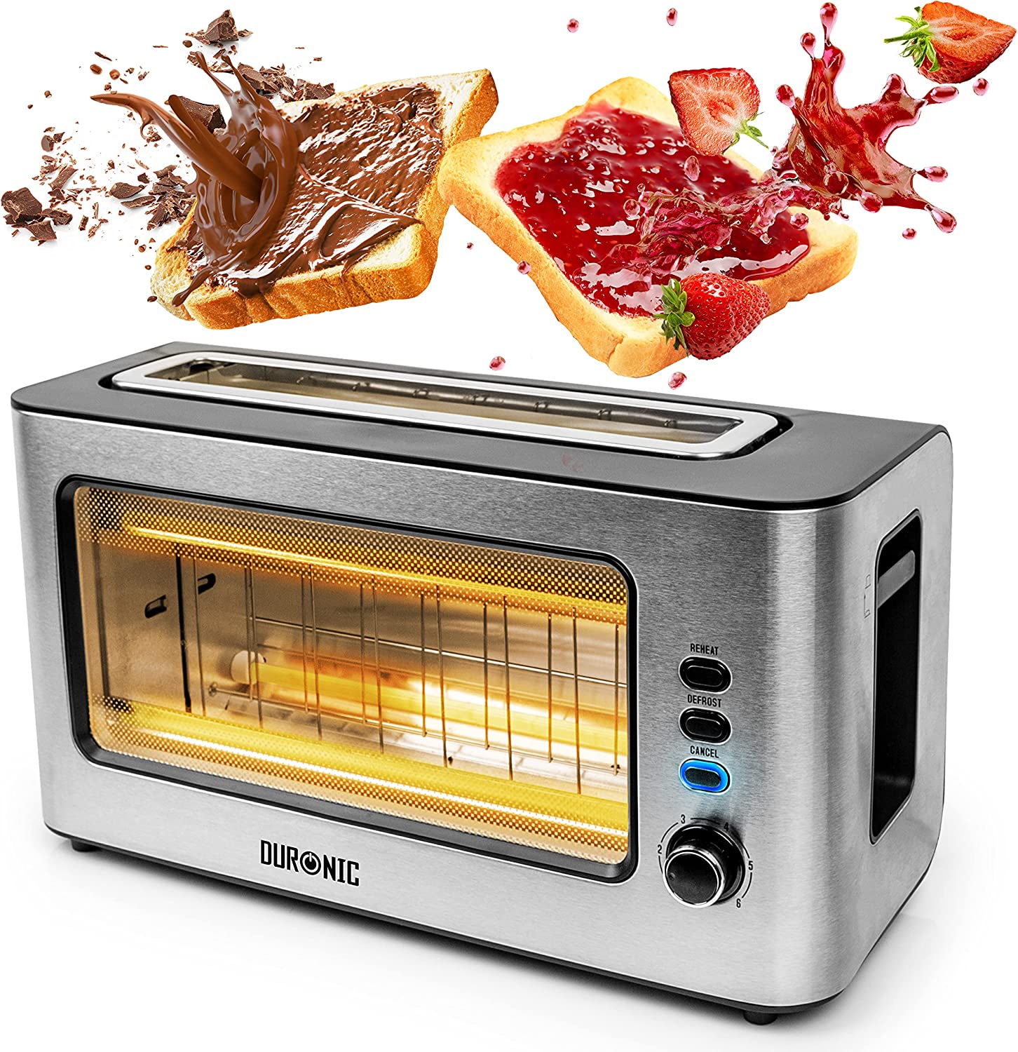 Duronic TB10 Tostapane elettrico 2 fette | 1000W e 6 livelli doratura | 3 funzioni | Finestra di controllo trasparente | Grande apertura | Scongelamento | Per pane, frittata, brioche, pancake, waffles