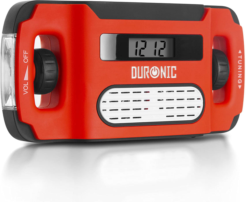 Duronic Apex Radio AM/FM – Ricarica solare, USB o dinamo – torcia – Jack per cuffie e funzione sveglia – Portatile con display digitale retroilluminato – ideale per uso d’emergenza, campeggio, escursioni