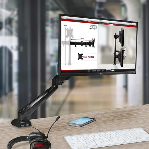 Duronic DMUSB5X1 Supporto da scrivania monitor 15  27 staffa schermo con braccio estensore regolazione a gas presa jack e USB alla base VESA MAX 100 x 100mm struttura in acciaio INOX portata 8kg