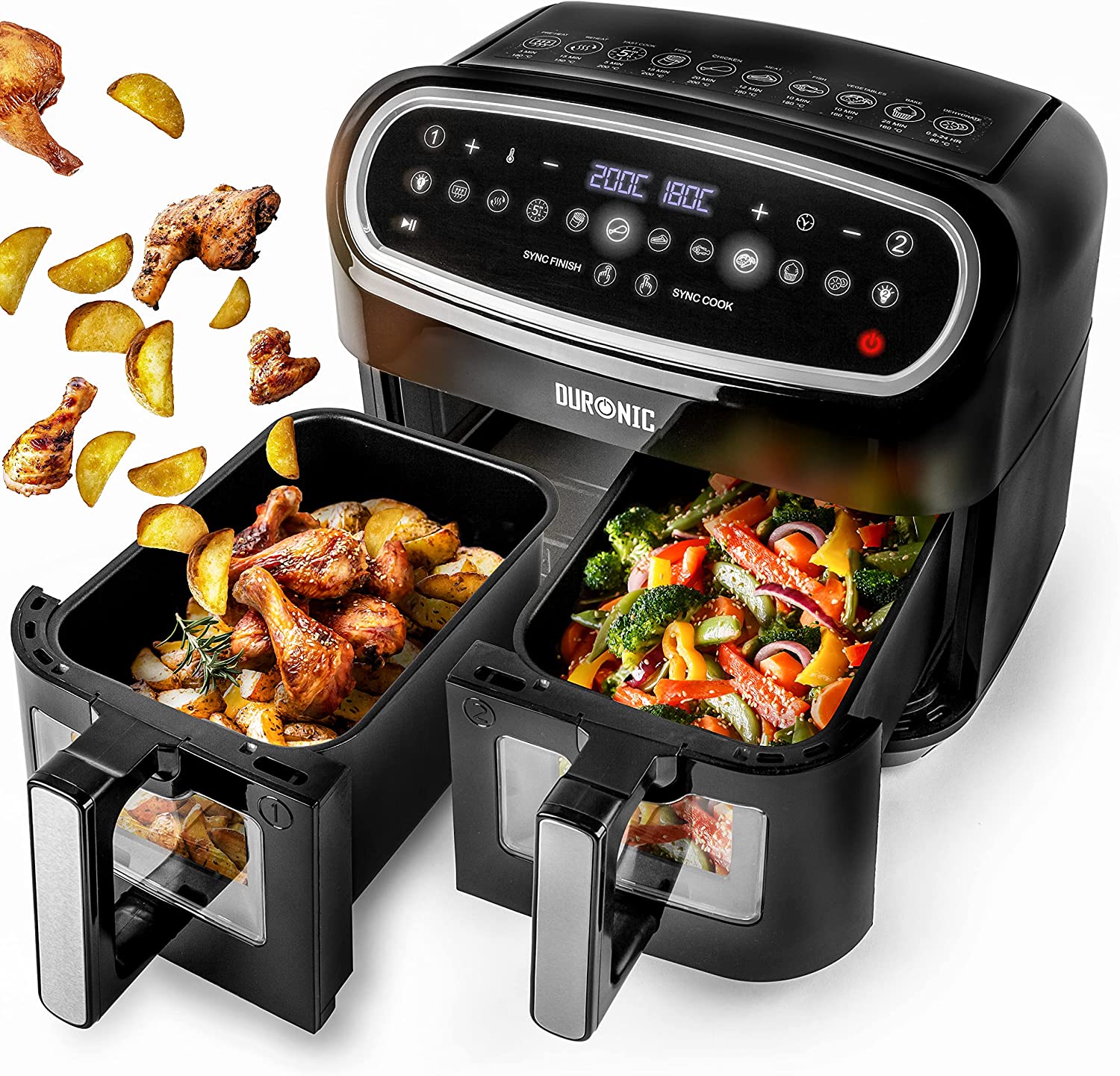 Duronic AF24 Friggitrice ad Aria XXL, Air Fryer 2400W Compatta, 2 cestelli 5L, Friggitrice senza olio 10in1, Friggitrice ad aria calda con finestra di controllo, Per patatine fritte, polpette, pesce