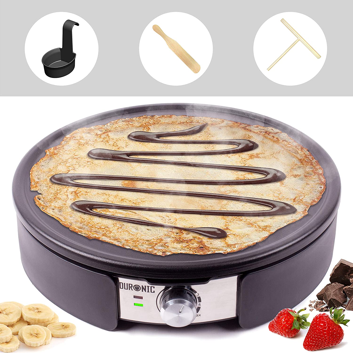 Duronic PM152 Crepiera elettrica 1500W - Piastra antiaderente XXL rimovibile da 37 cm - Temperatura regolabile - Crepes maker - Spatola e stendi pastella - Per pancake, crepes, piadine, frittate