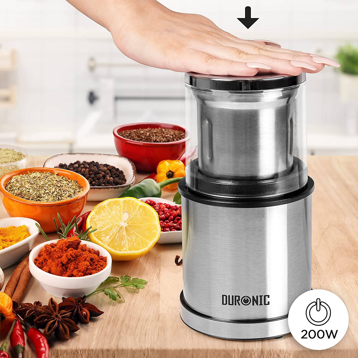 Duronic CG421 Macinacaffè Elettrico 200W 2 in 1 | 2 contenitori rimovibili 75g o 220 ml | 2 Lame per ingredienti umidi o secchi | Facile da pulire | Mini tritatutto | Macina caffè Spezie Frutta secca