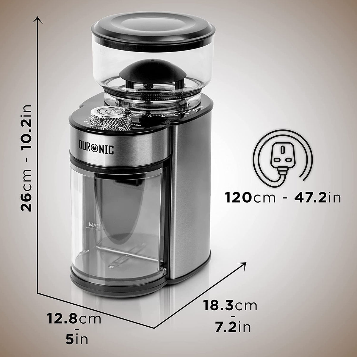 Duronic BG200 Macinacaffè Elettrico con Dimensioni di 26 × 12,8 × 18,3 cm, Design Compatto e Ideale per Ottimizzare lo Spazio in Cucina.