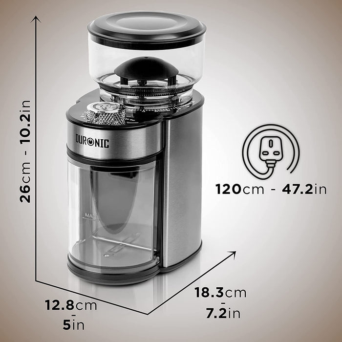 Duronic BG200 Macinacaffè Elettrico con Dimensioni di 26 × 12,8 × 18,3 cm, Design Compatto e Ideale per Ottimizzare lo Spazio in Cucina.
