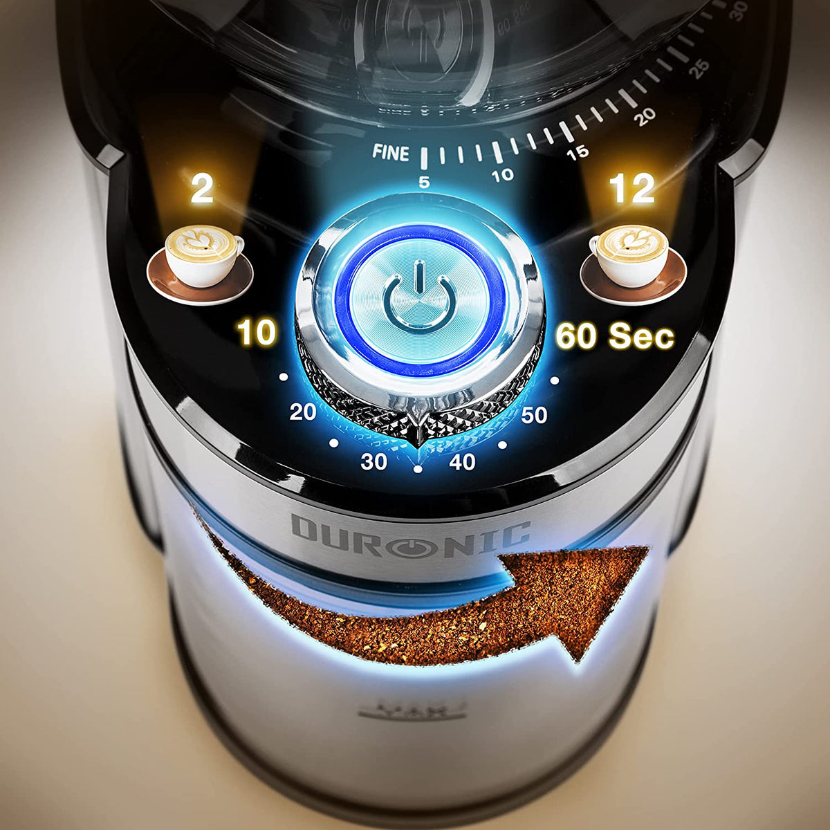 Duronic BG200 Macinacaffè Elettrico con Timer Regolabile per Impostare il Tempo di Macinatura in Base alla Preparazione del Caffè.