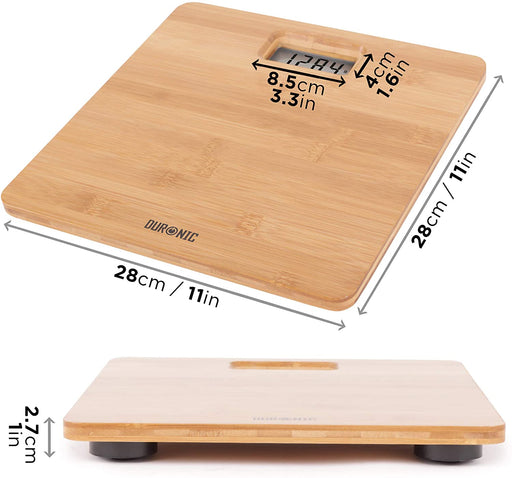Duronic BS503 Bilancia pesapersone con dimensioni 28 × 28 × 2,7 cm e design ultrasottile in bambù.