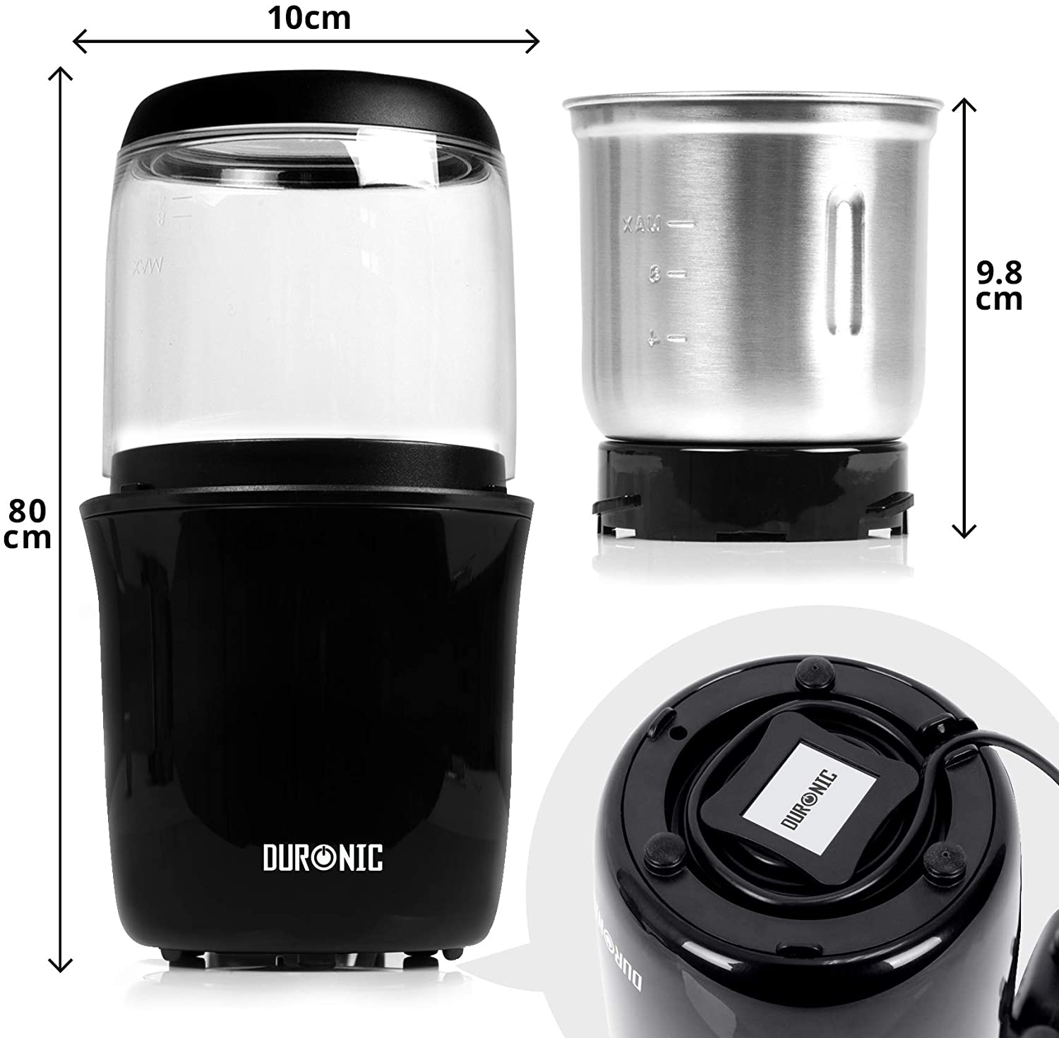 Duronic CG250 Dimensioni specifiche del macinacaffè elettrico con design compatto e salvaspazio.