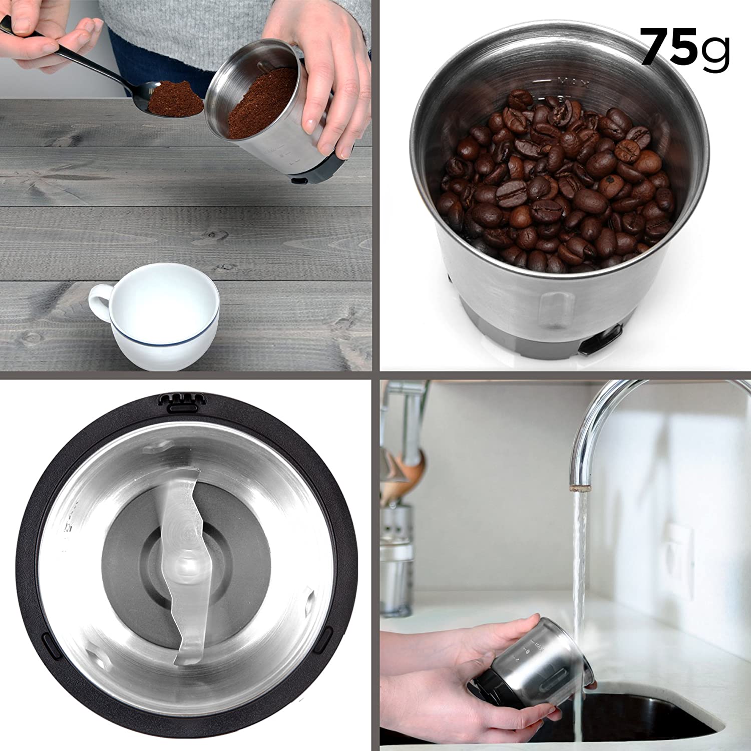Duronic CG250 Lame in acciaio inox con contenitore removibile per una pulizia facile e veloce.
