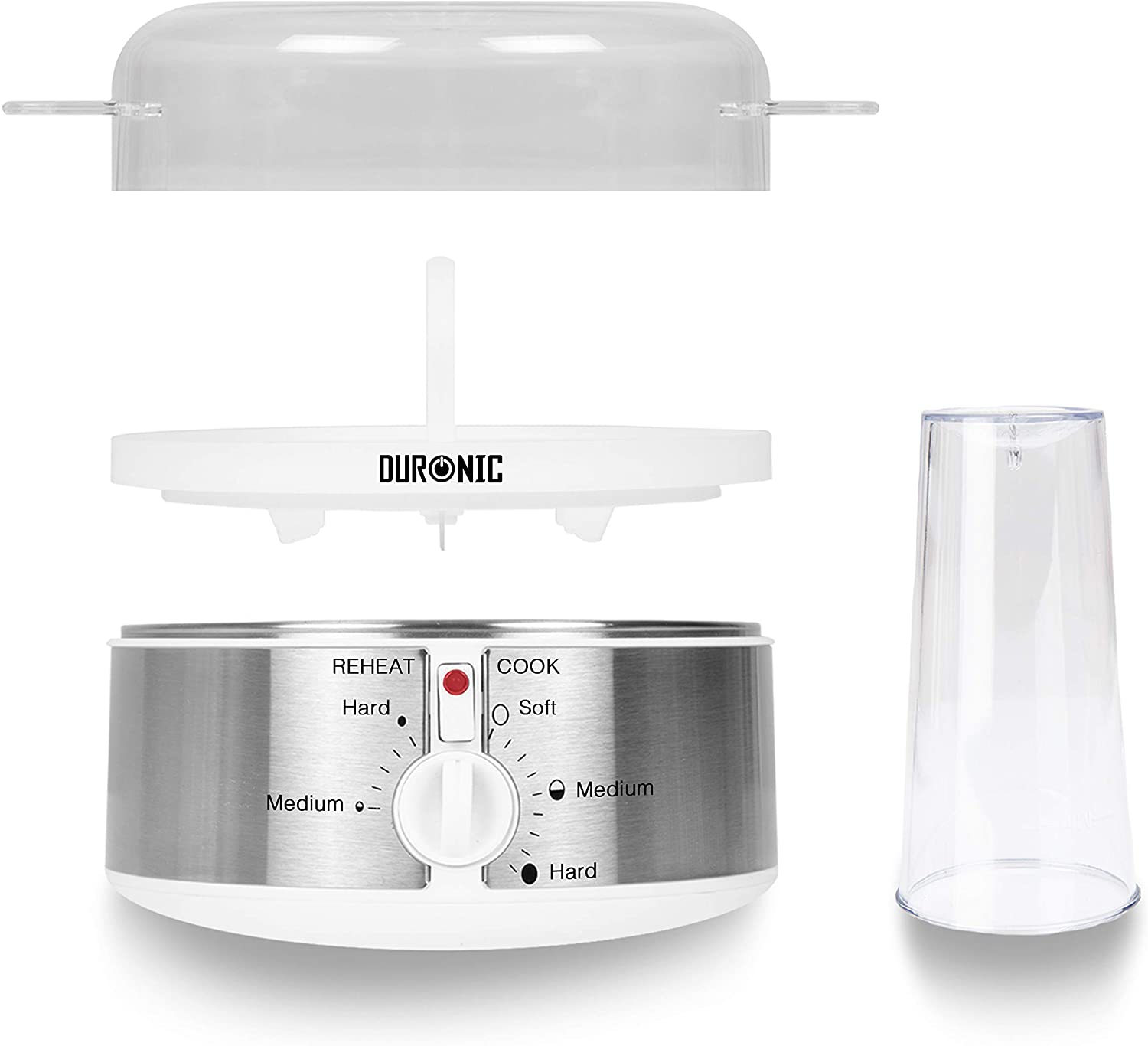 Duronic EB35 Componenti del cuociuova elettrico con coperchio, supporto per uova, vassoi e misurino.