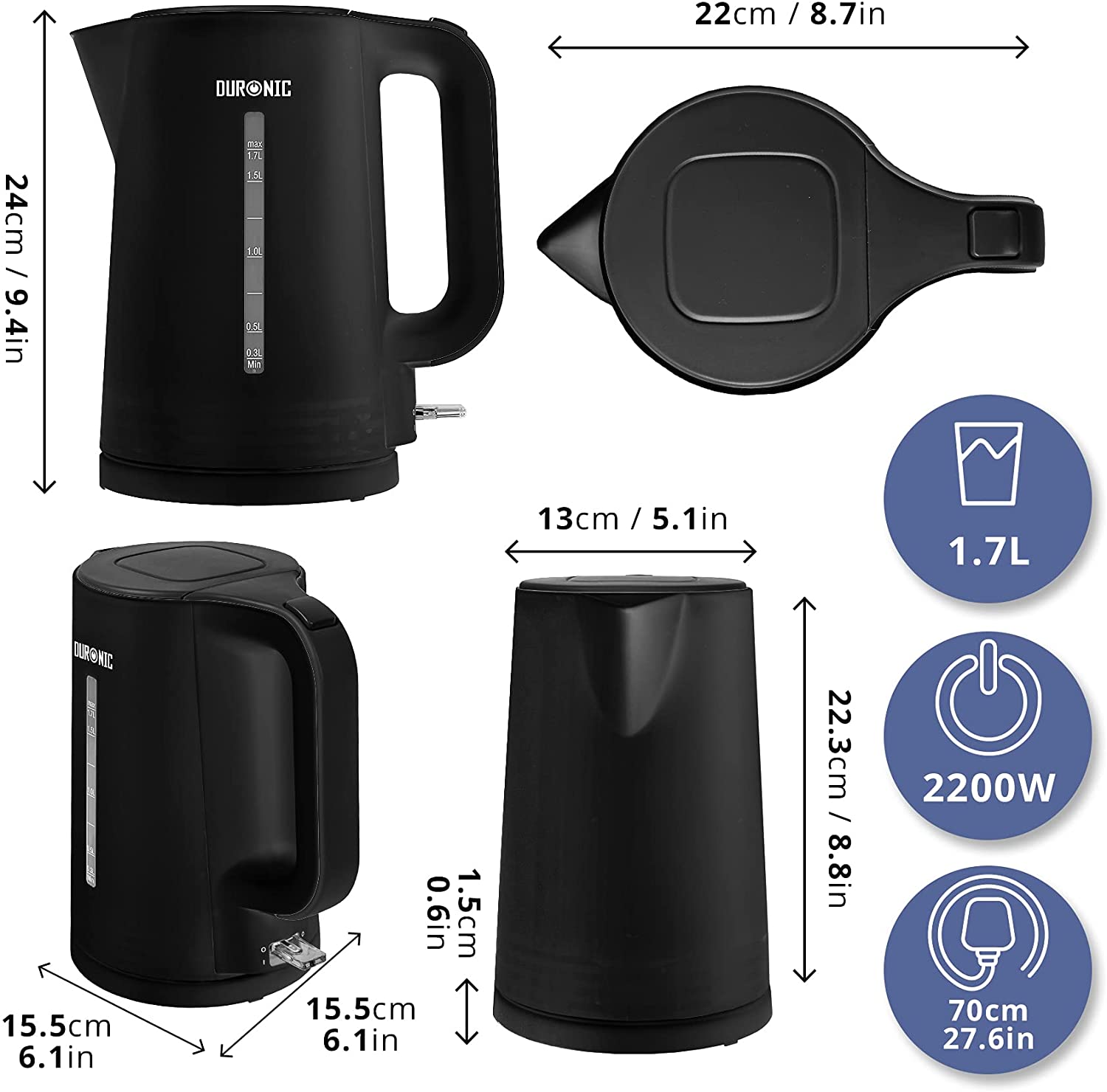 Duronic EK17 BK Bollitore Elettrico con dimensioni compatte per un facile posizionamento in cucina.