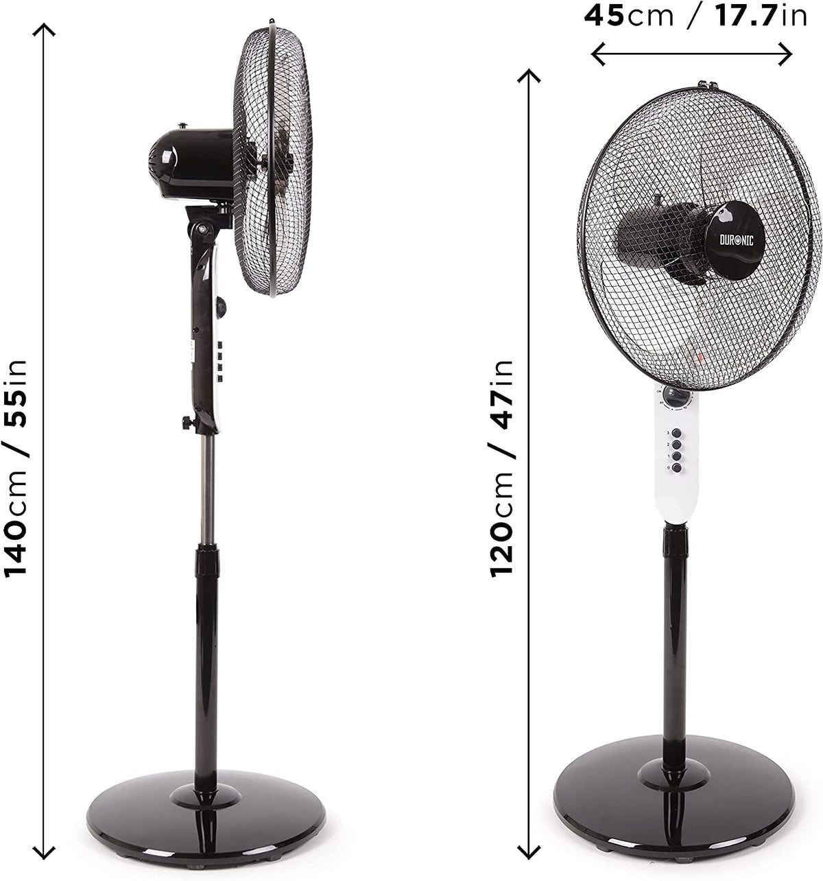 Duronic FN45 Misure del ventilatore con testa da 45 cm di diametro e altezza regolabile.