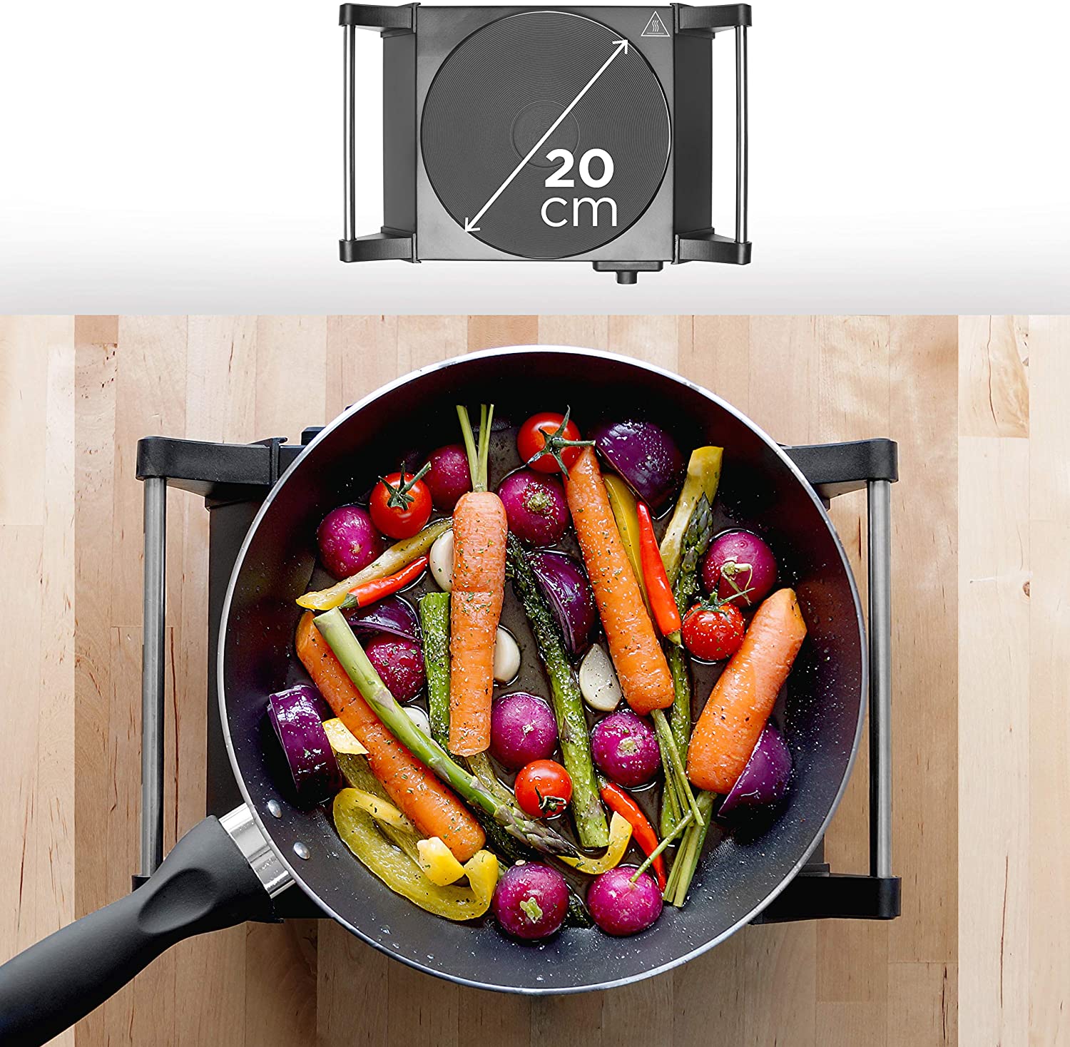 Duronic HP1 BK Piastra in ghisa con dimensioni dettagliate per pentole e padelle di diverse misure.