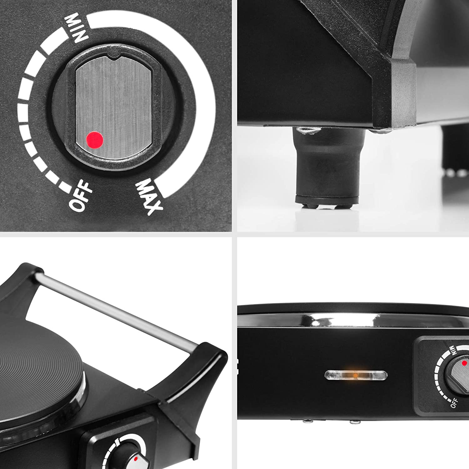 Duronic HP1 BK Vista dettagliata della piastra elettrica con finiture e componenti principali.