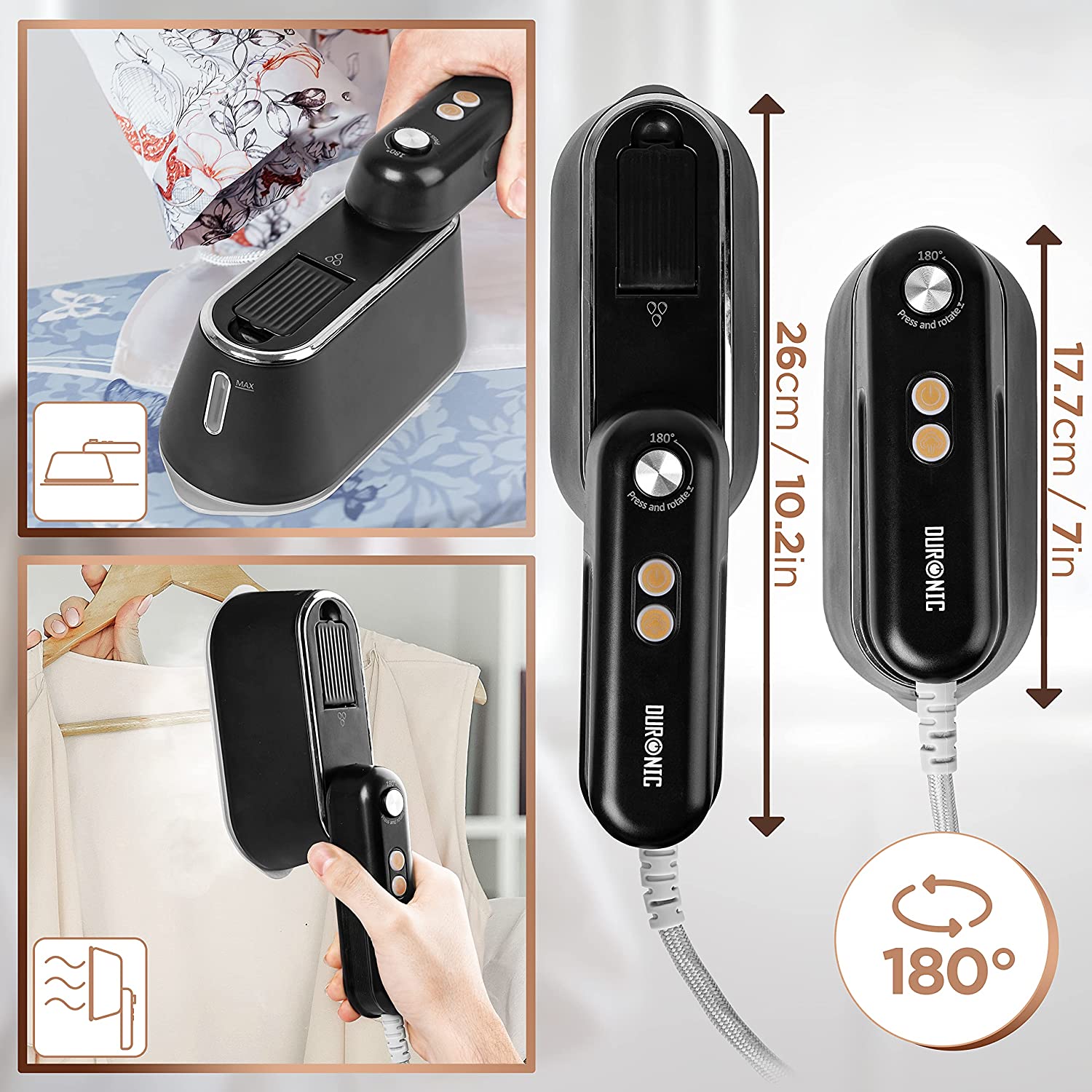 Duronic HS90 BK Ferro da stiro con dimensioni specifiche e design compatto.