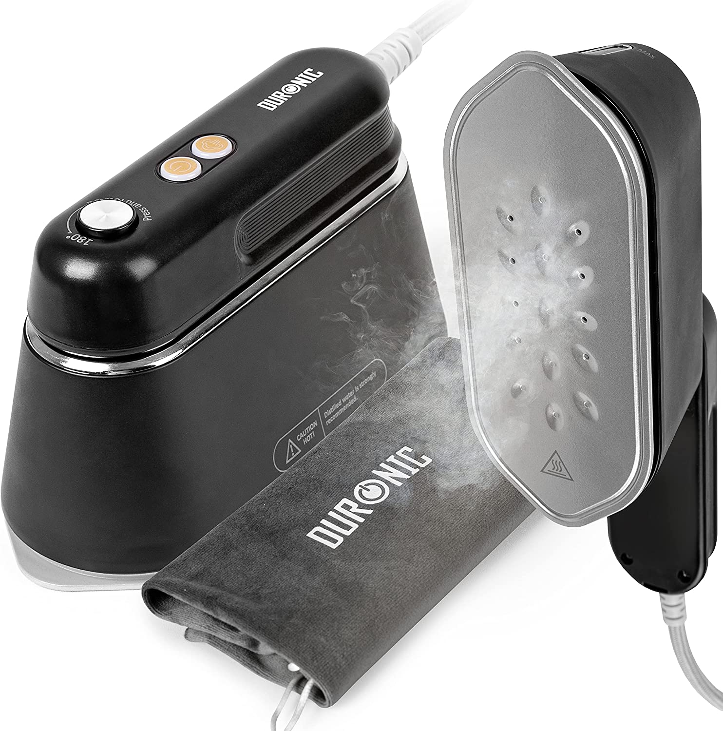 Duronic HS90 BK Ferro da viaggio con vapore, stiratura verticale e base resistente al calore.