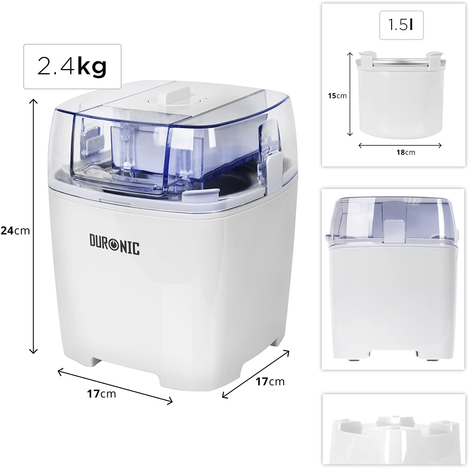 Duronic IM540 Dimensioni specifiche della gelatiera elettrica da 1,5 L con design compatto.