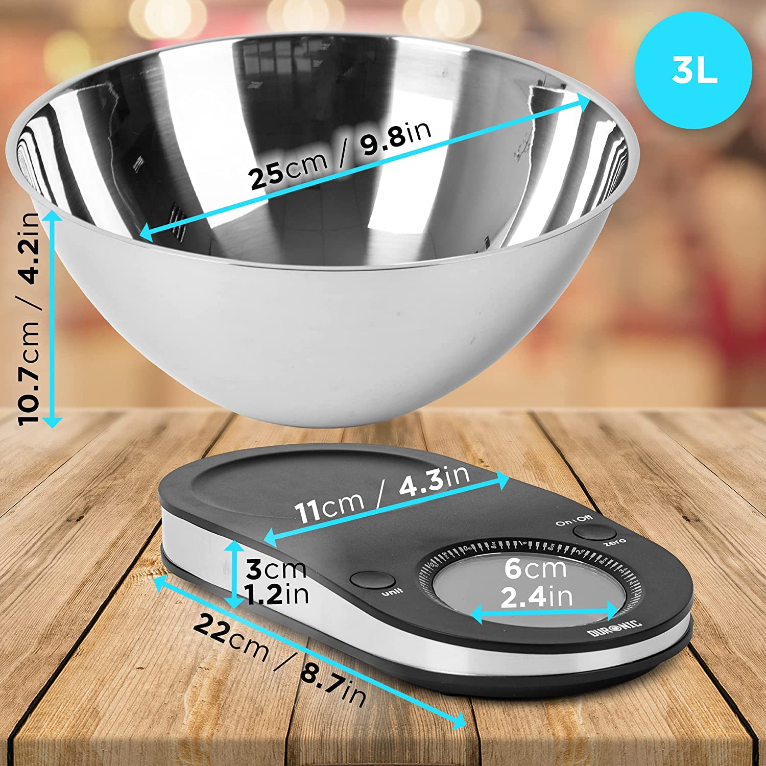 Duronic KS5000 Dimensioni specifiche della bilancia da cucina digitale con design compatto e salvaspazio.