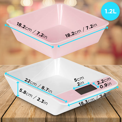 Duronic KS100 PK Bilancia da cucina - Bilancia ad alta precisione con display digitale retroilluminato - Portata 1g / 5 kg - Bilancia con ciotola integrata rosa da 1,2L - Funzione Tara