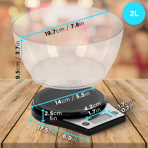 Duronic KS6000 BK Bilancia da cucina - Bilancia ad alta precisione con display digitale retro illuminato - Portata 1g / 5 kg con ciotola da 2L - Piattaforma nera - Funzione Tara
