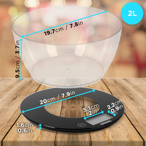 Duronic KS7000 Bilancia da cucina - Bilancia ad alta precisione con display digitale - Portata 1g / 10 kg con ciotola da 2L - Piattaforma nera e trasparente - Funzione Tara