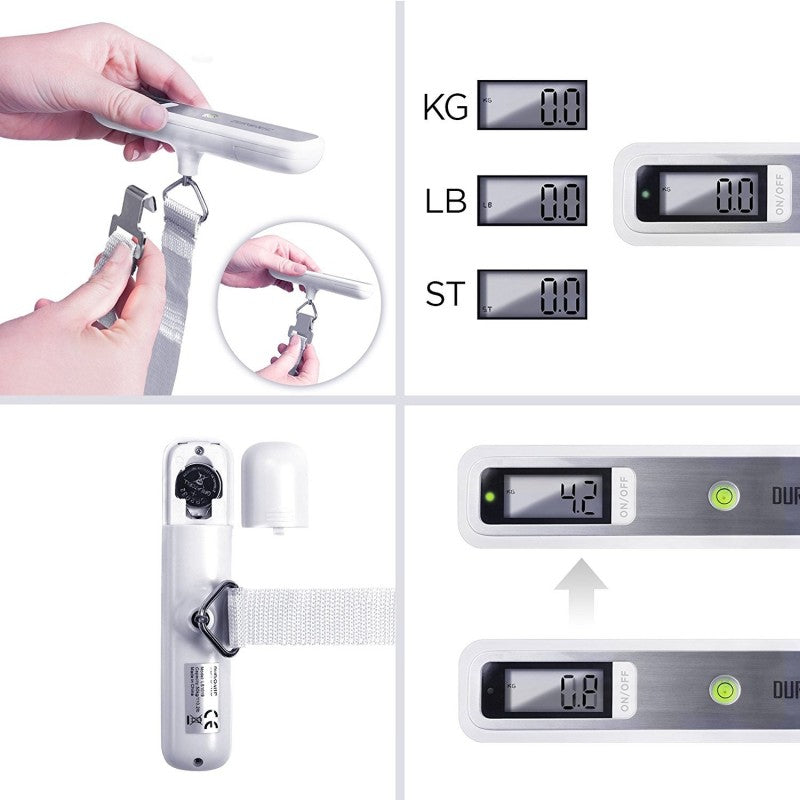 Duronic LS1019 Bilancia digitale pesa valigia - Pesa bagaglio da viaggio fino a 50kg - Cinghia e gancio resistenti - Batterie incluse - Compatto e portatile - Pesa trolley