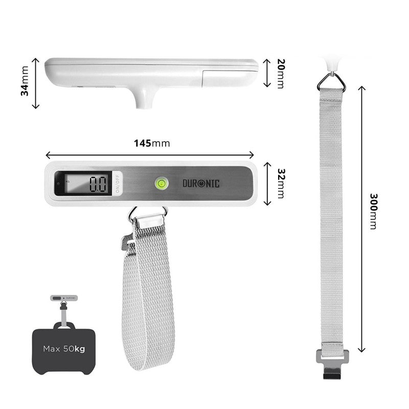 Duronic LS1019 Bilancia digitale pesa valigia - Pesa bagaglio da viaggio fino a 50kg - Cinghia e gancio resistenti - Batterie incluse - Compatto e portatile - Pesa trolley